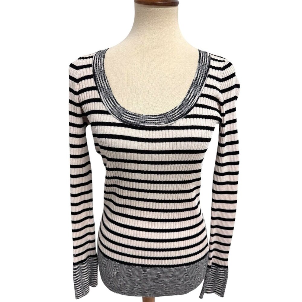 Cache women's striped stretch sweater round neck long sleeve size L